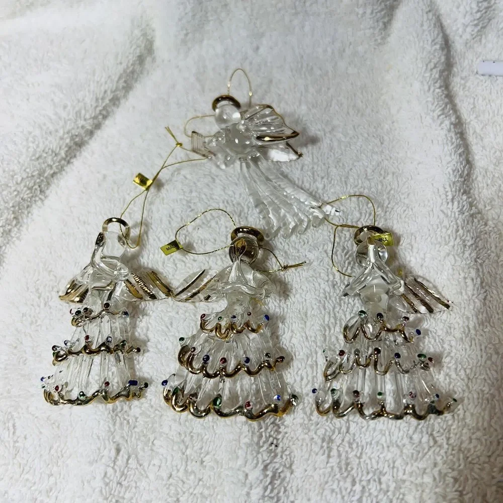 Clear Glass Gold Outlined Christmas Tree 3”‎ Angel Ornaments Lot of 4 -READ